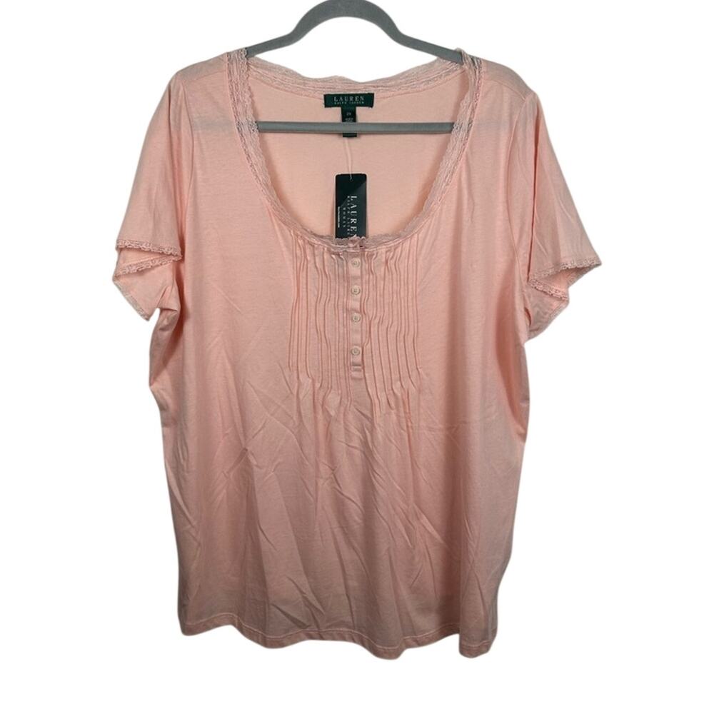 Lauren Ralph Lauren Blouse‎ Women 2X Pink NWT Lace Trim Cotton Henley